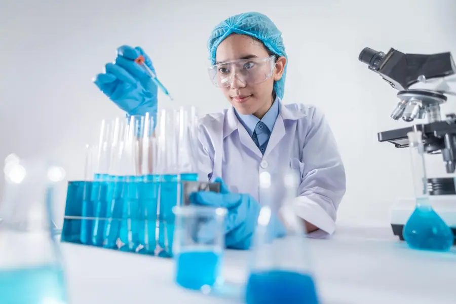 Tecnico di laboratorio analizza campioni in provetta accanto ai microscopi